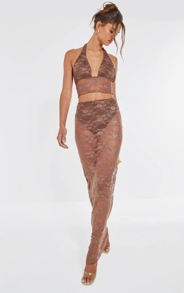 Brown Lace Sheer Maxi Skirt