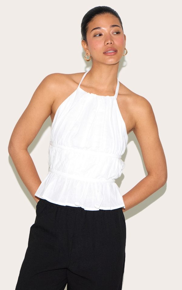 White Lightweight Woven Tiered Tie Back Long Top