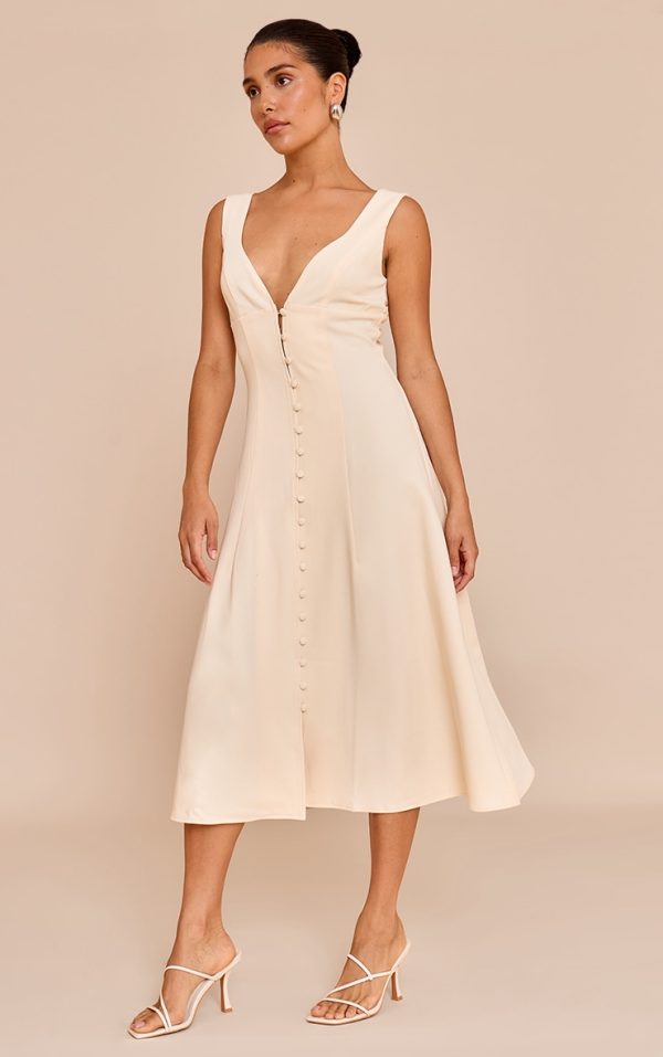 Petite Butter Cream Plunge Button Up Midi Dress