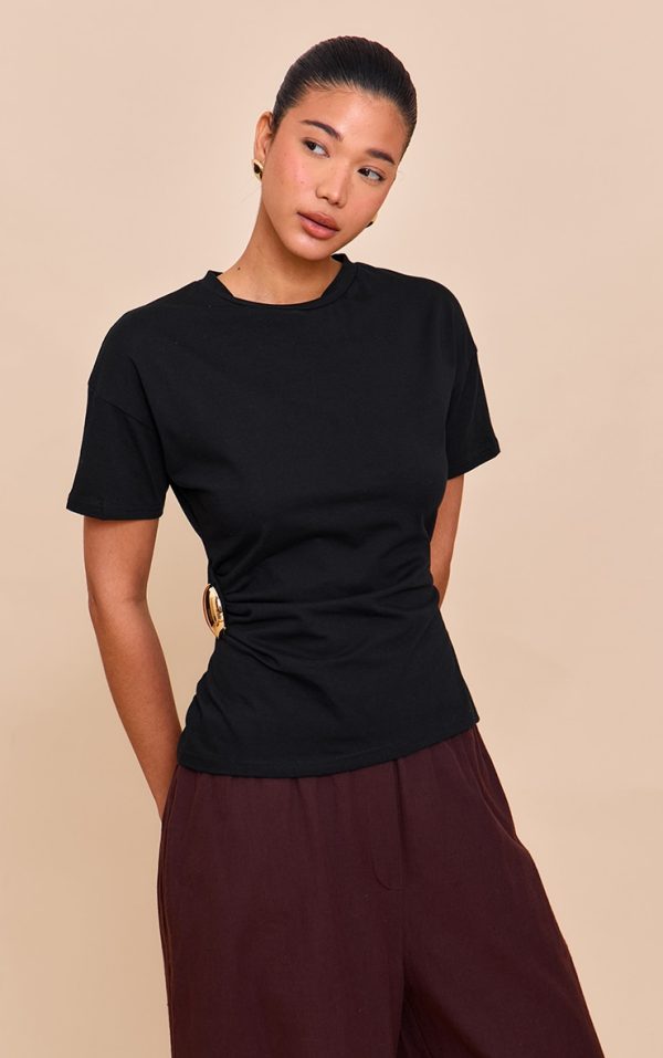 Black Trim Detail Asymmetric Hem T Shirt