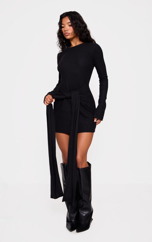 Black Heavy Brushed Rib Wrap Tie Bodycon Dress