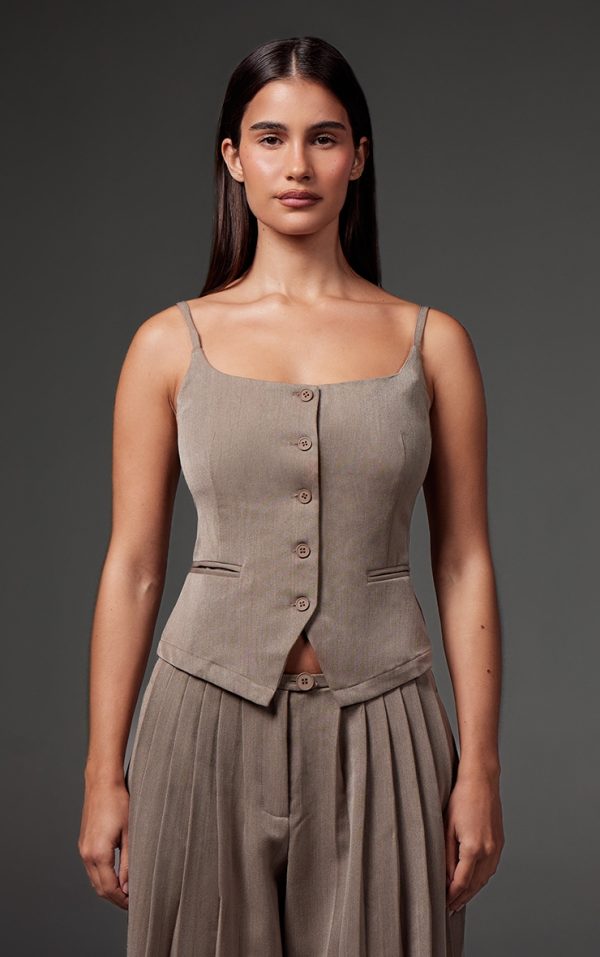 Premium Taupe Woven Button Up Detail Tailored Top