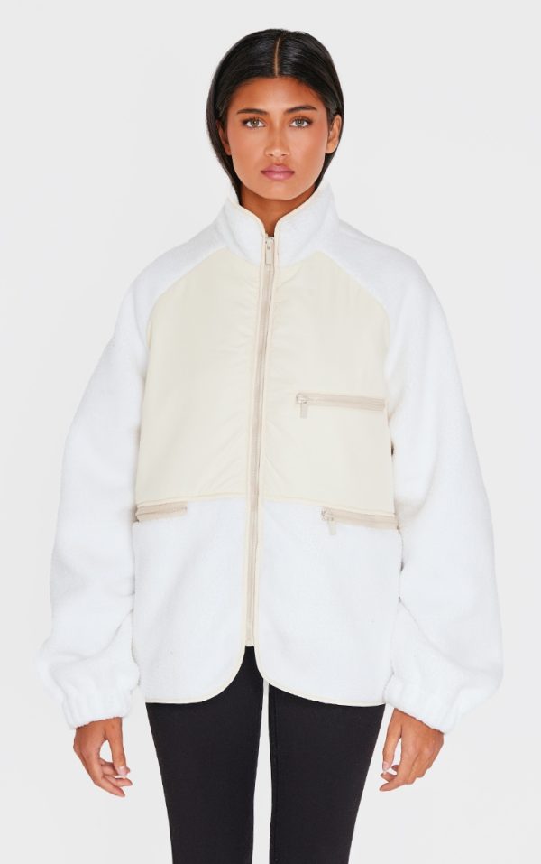 White Teddy Contrast Fleece Zip Up Jacket