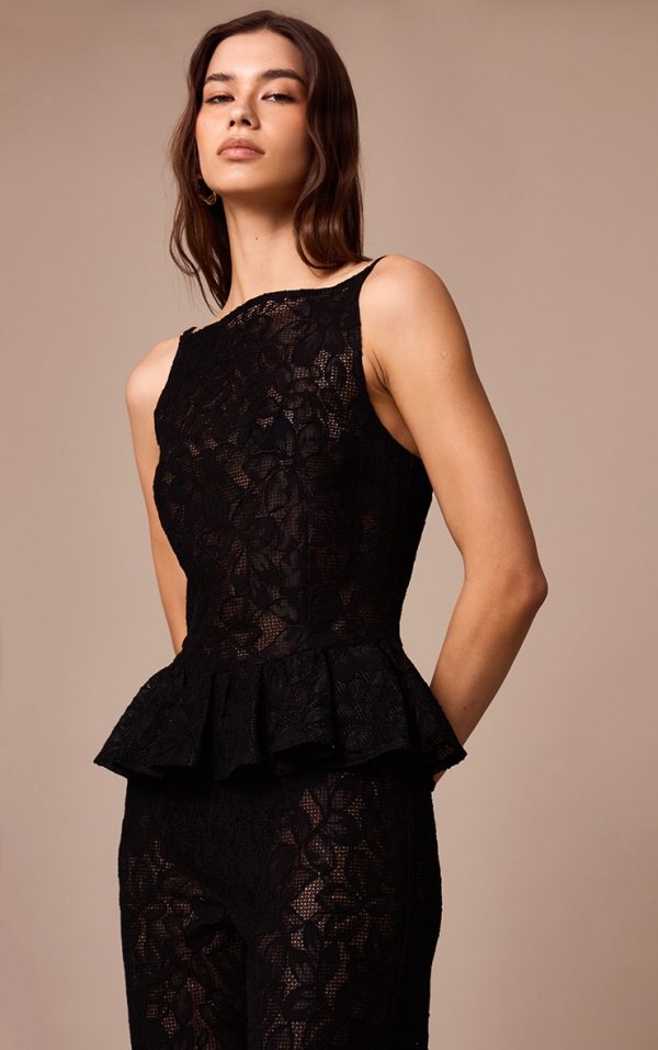 Black Sheer Lace Peplum Sleeveless Top