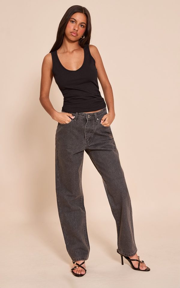 Petite Grey High Waist Straight Leg Jeans
