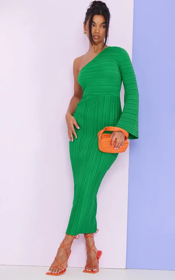Green Plisse One Shoulder Flare Sleeve Midaxi Dress