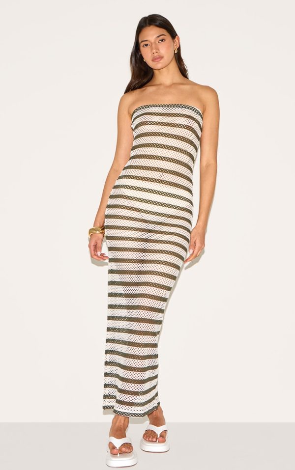 Khaki Textured Stripe Bandeau Maxi Dress