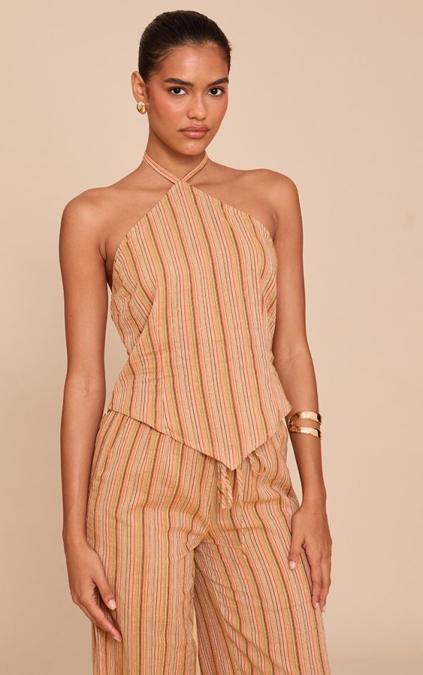 Apricot Pinstripe Halter Neck Pointed Hem Top