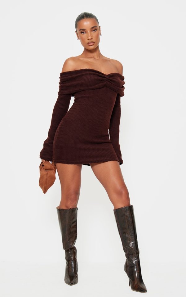 Chocolate Brushed Rib Bardot Long Sleeve Bodycon Dress