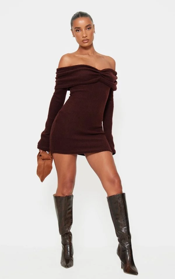 Chocolate Brushed Rib Bardot Long Sleeve Bodycon Dress
