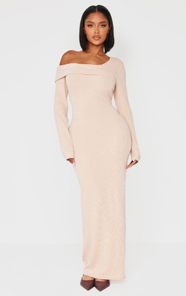 Shape Stone Brushed Rib Fold Over Off Shoulder Long Sleeve Maxi Dress