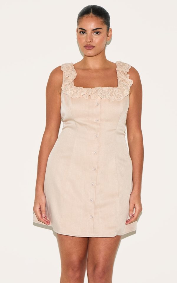 Plus Warm Beige Lace Button Up Trim Corset A-line Dress
