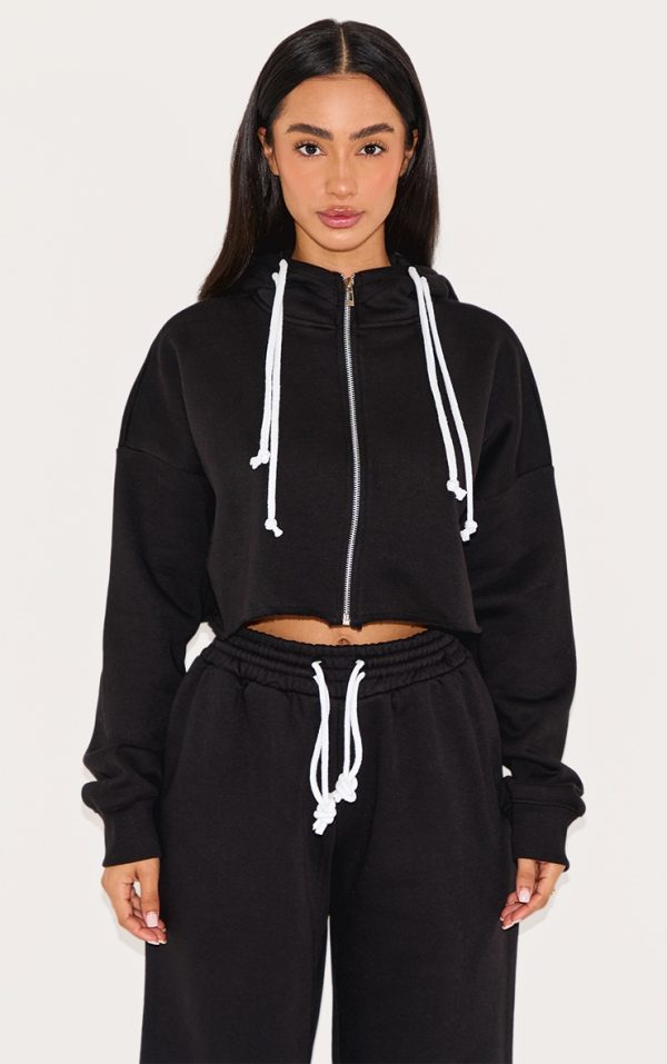 Petite Black Contrast Drawstring Cropped Zip Up Hoodie