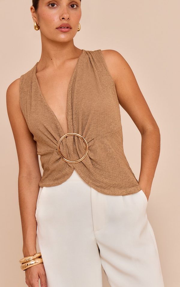 Petite Mushroom Ribbed Onion Skin Trim Detail Plunge Top