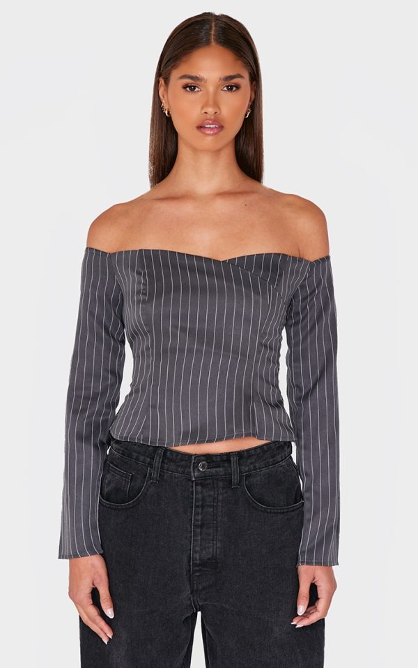 Charcoal Pinstripe Fitted Bardot Shirt