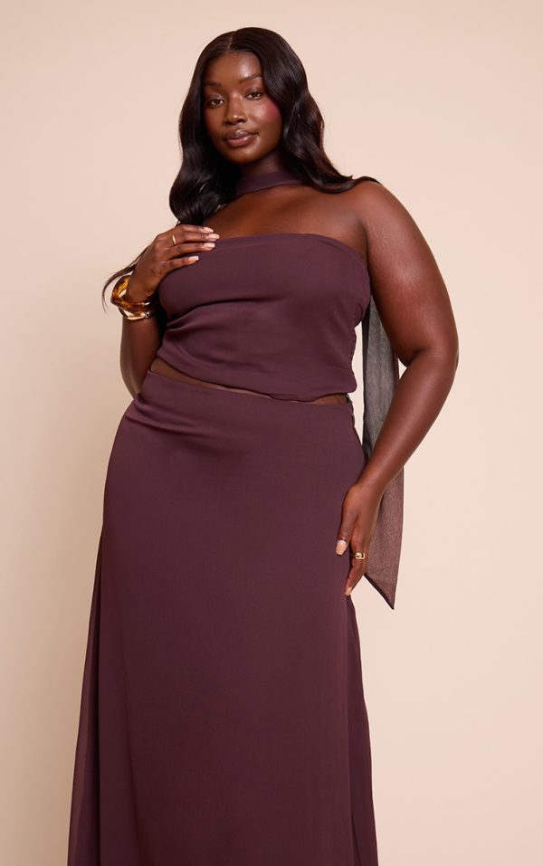 Plus Brown Chiffon Neck Wrap Top