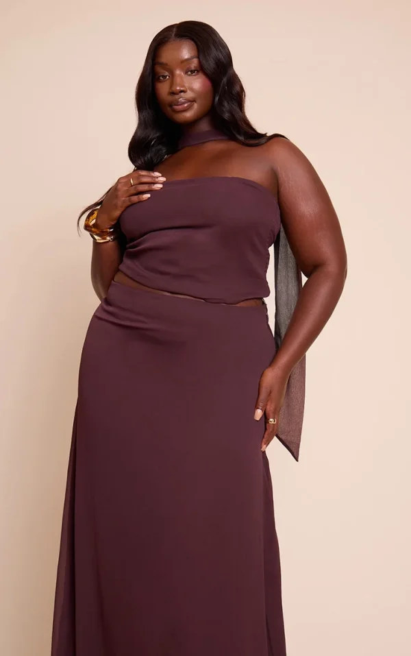 Plus Brown Chiffon Neck Wrap Top