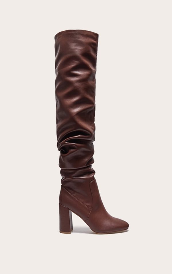 Brown PU Round Toe Ruched Over The Knee Block Heeled Boots