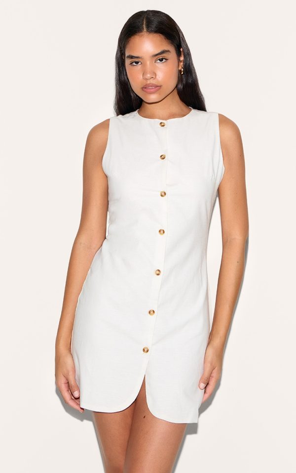 Tall White Linen Look Button Down Bodycon Dress