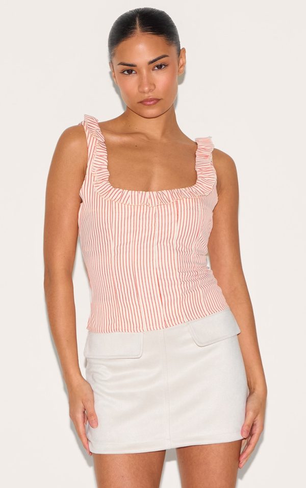 Petite Red Pinstripe Frill Detail Top