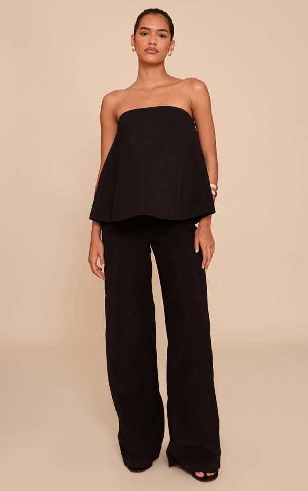 Black Structured Woven Peplum Straight Leg Jumpsuit