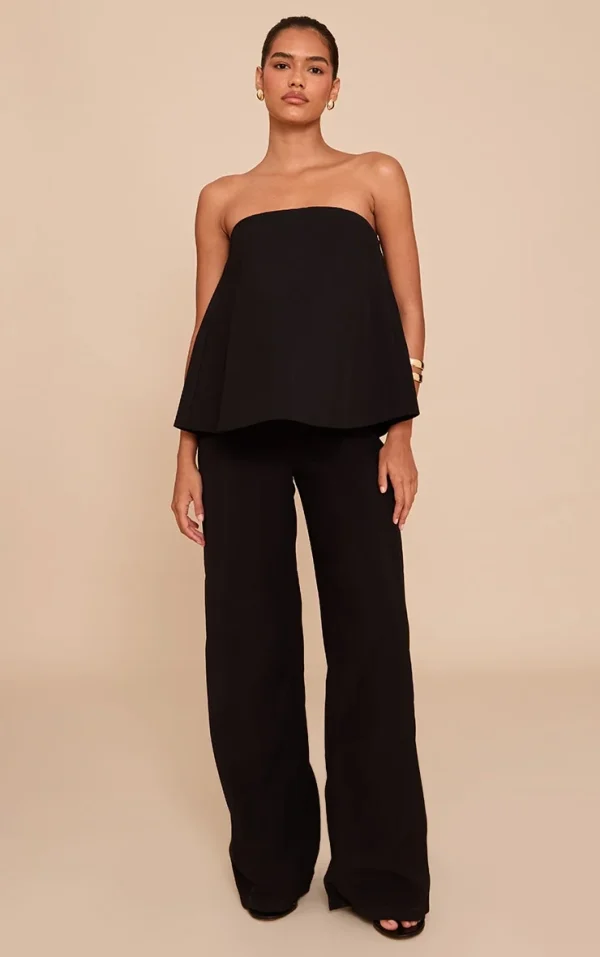 Black Structured Woven Peplum Straight Leg Jumpsuit