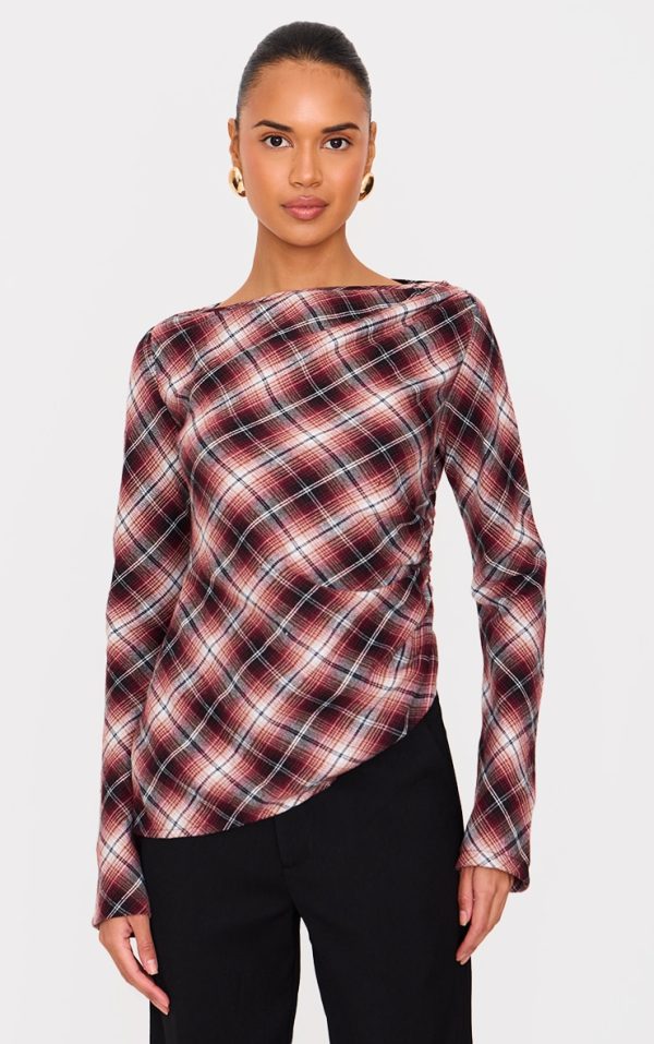 Dark Red Check Asymmetric Long Top