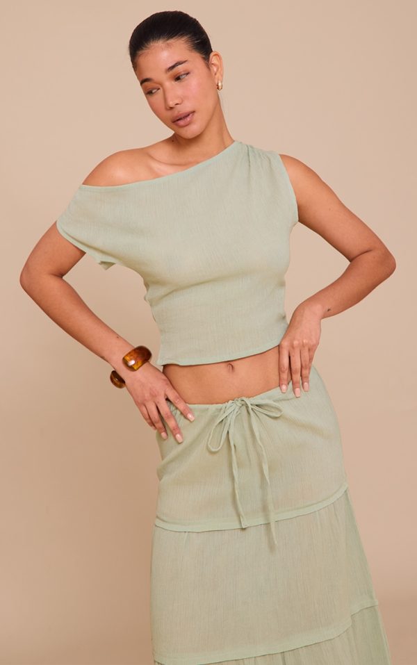 Sage Green Cheesecloth Off The Shoulder Asymmetric Top
