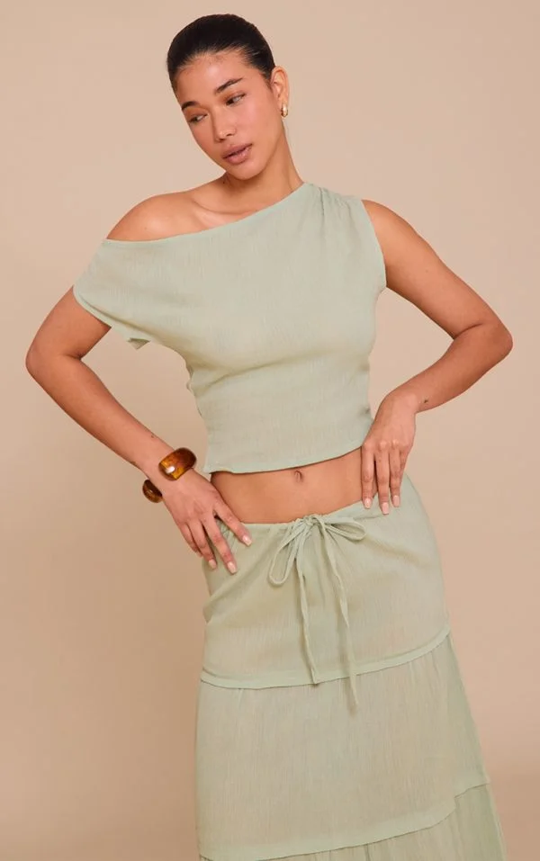 Sage Green Cheesecloth Off The Shoulder Asymmetric Top