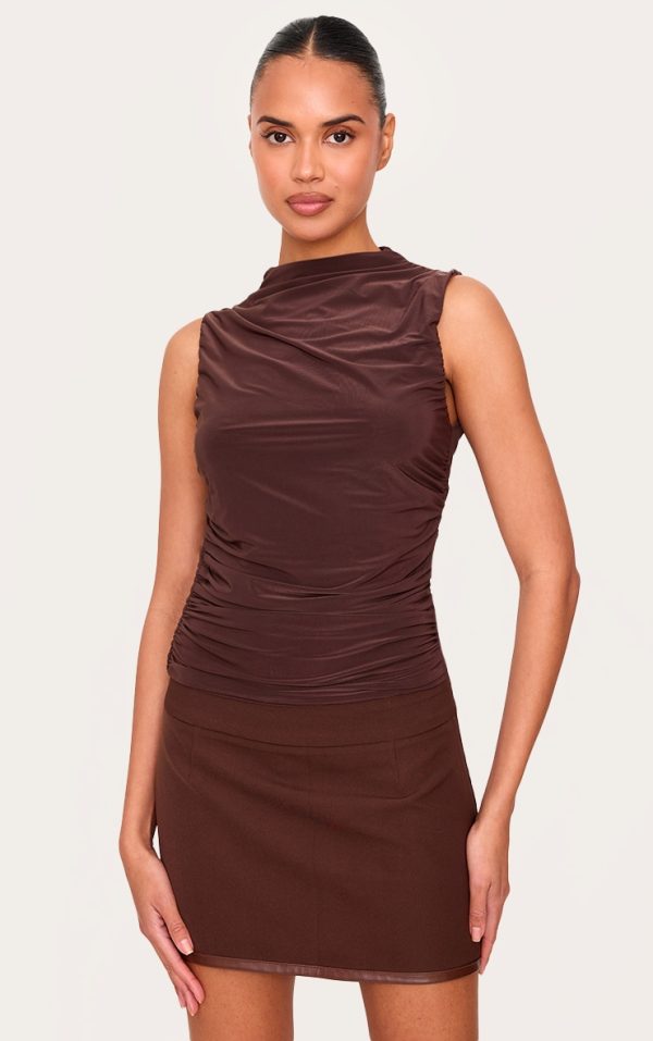 Chocolate Double Layer Slinky Ruched Detail Long Top