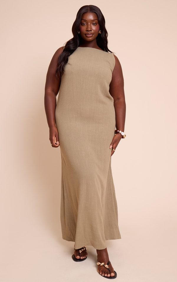 Plus Khaki Textured Boat Neck Low Back Maxi Dress