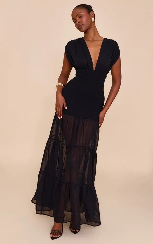 Black Chiffon Shirred Tiered Maxi Dress