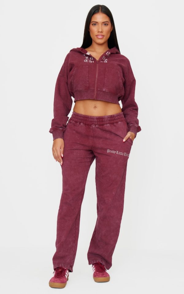 PRETTYLITTLETHING Shape Burgundy Printed High Waist Wide Leg Sweatpants