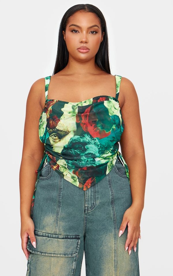 Plus Green Abstract Print Mesh Layered Corset Top