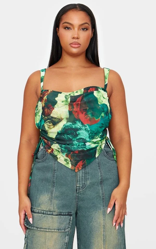 Plus Green Abstract Print Mesh Layered Corset Top