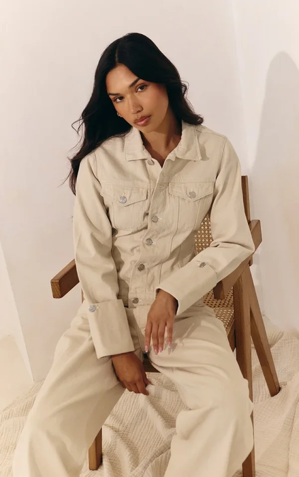 Ecru Turn Up Cuff Cinched Back Denim Jacket
