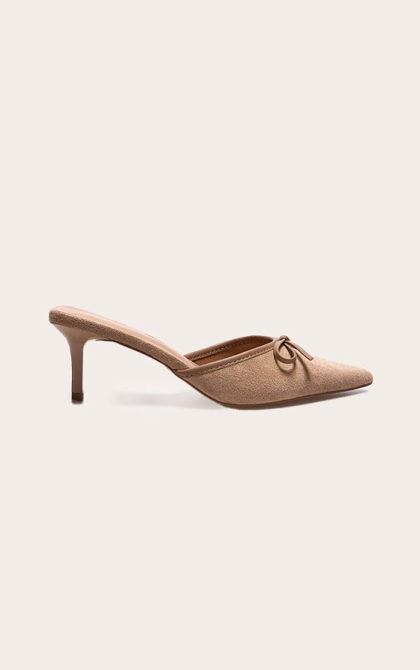 Beige Faux Suede Point Toe Bow Detail Mid Heeled Court Mules