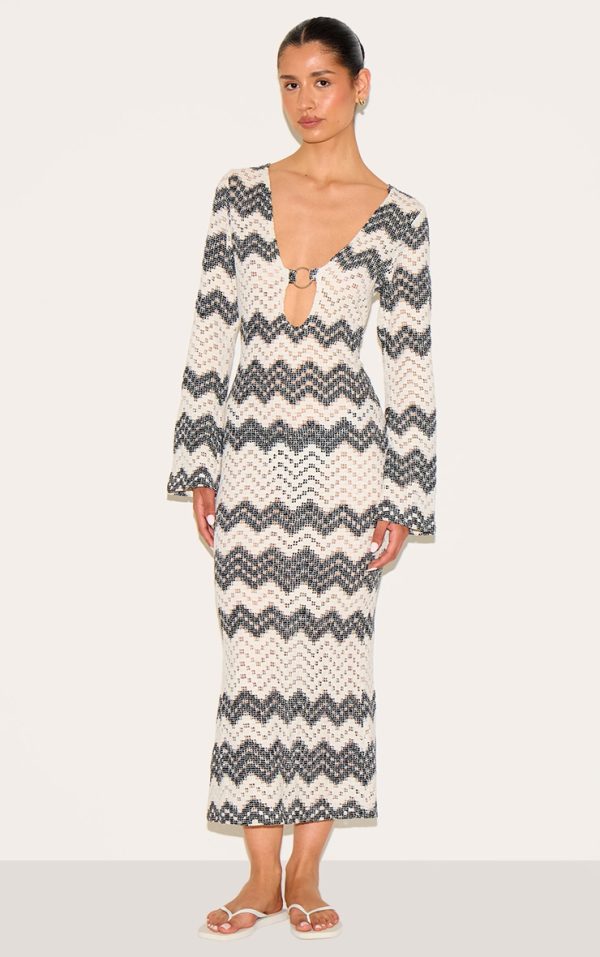 Tall Black Striped Plunge Neck Fitted Midaxi Dress