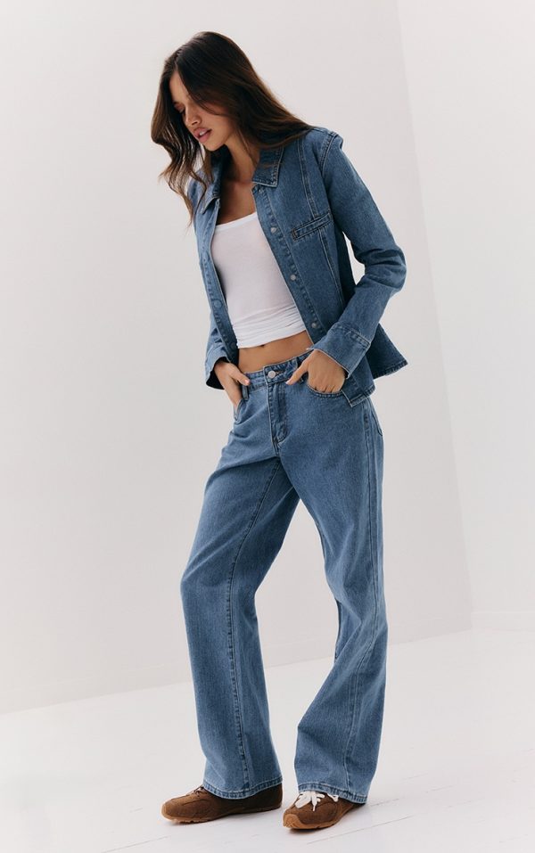 Mid Blue Wash Mid Waist Straight Leg Jeans