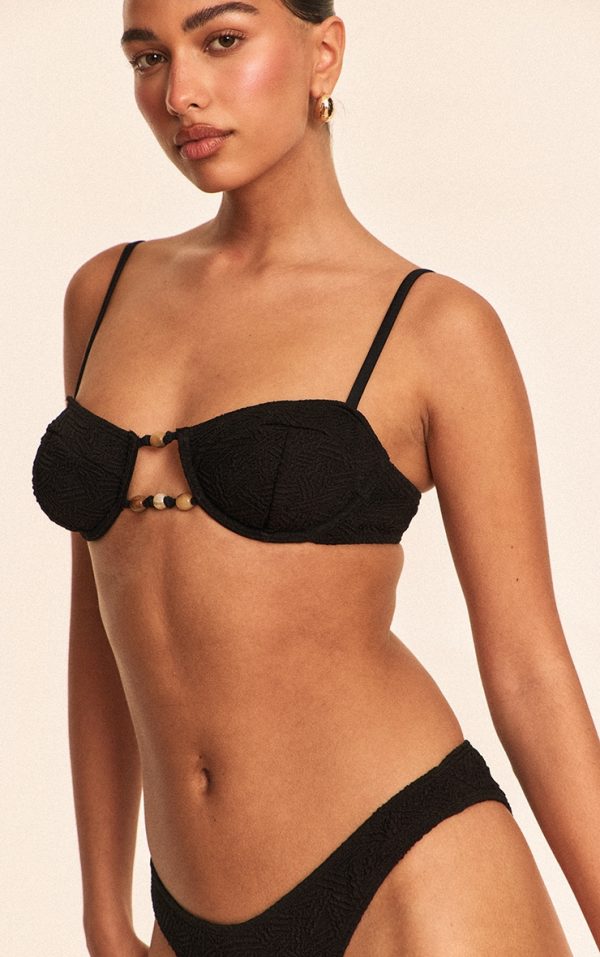 Black Textured Bead Trim Underwired Bikini Top