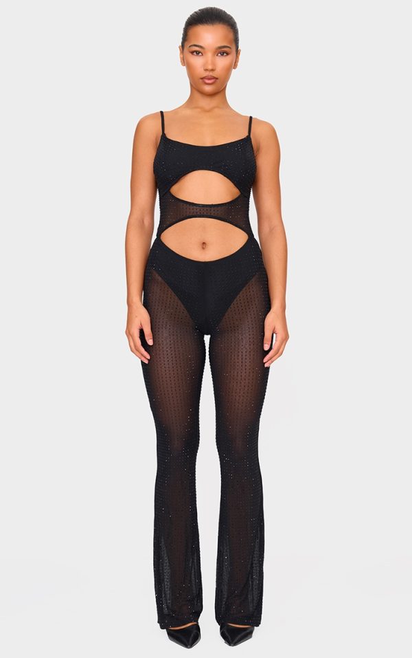 Black Diamante Hot Fix Mesh Cut Out Strappy Jumpsuit