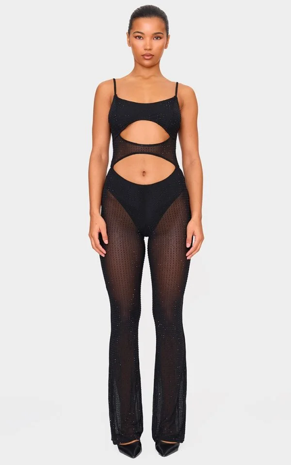 Black Diamante Hot Fix Mesh Cut Out Strappy Jumpsuit