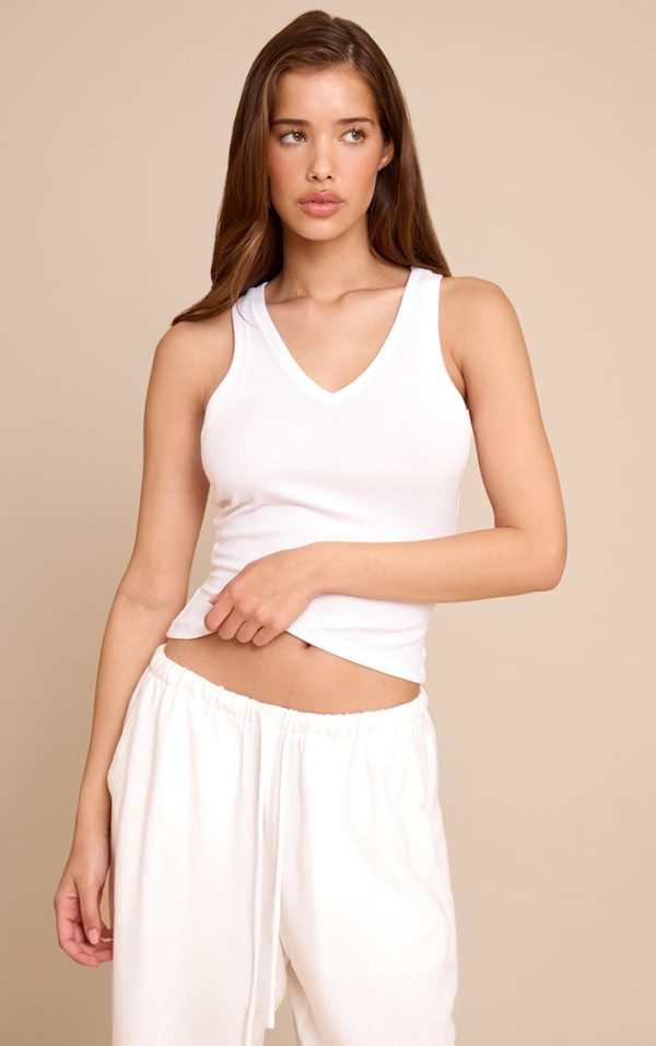 White Soft Rib V Neck Vest Top