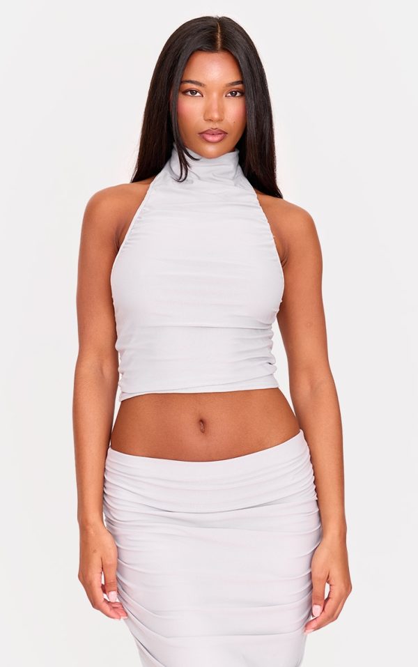 Light Grey Soft Touch Ruched Halter Crop Top