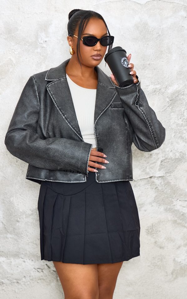 Plus Black Washed Faux Leather Cropped Blazer Jacket