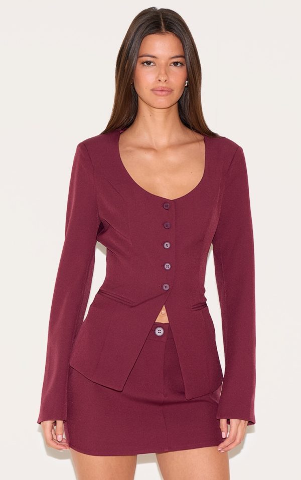 Deep Red Tailored Woven Button Up Blazer