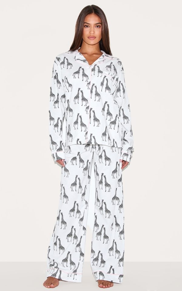 White Giraffe Print Jersey Piping Detail Long Pj Set