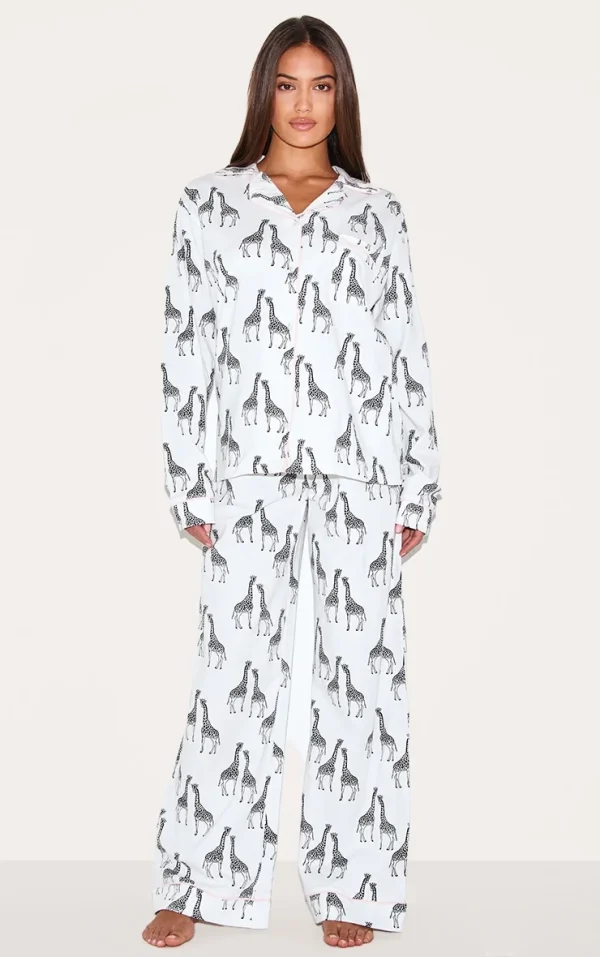 White Giraffe Print Jersey Piping Detail Long Pj Set