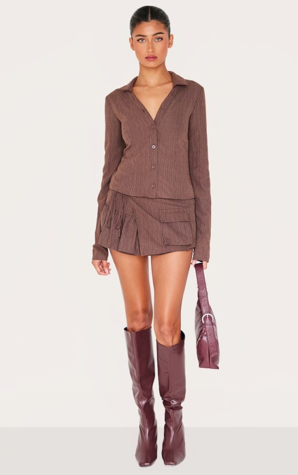 Dark Brown Peach Skin Pinstripe Detail Woven Frill Cargo Detail Skort