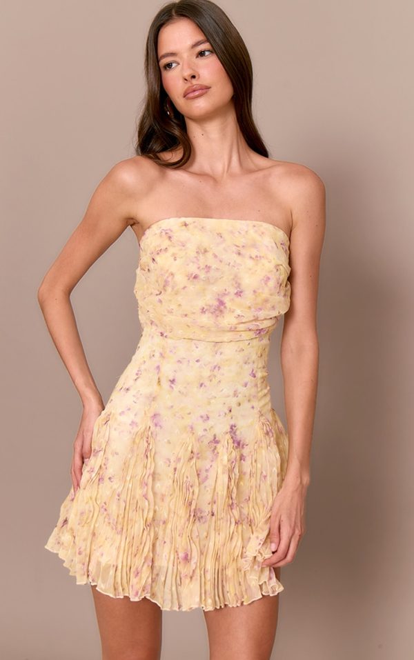 Pale Yellow Chiffon Ditsy Floral Print Fishtail Mini Dress